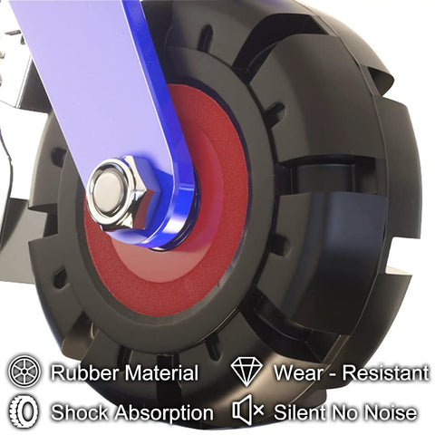 Close-up of a Badass Heavy Duty Industrial Caster featuring durable rubber wheel and blue swivel arm, ideal for smooth movement.