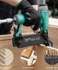 Heavy Duty Pneumatic Brad Nailer 18 Gauge Dead Straight Drive for Fine Trim and Cabinetry in use on wooden board, firing nails.