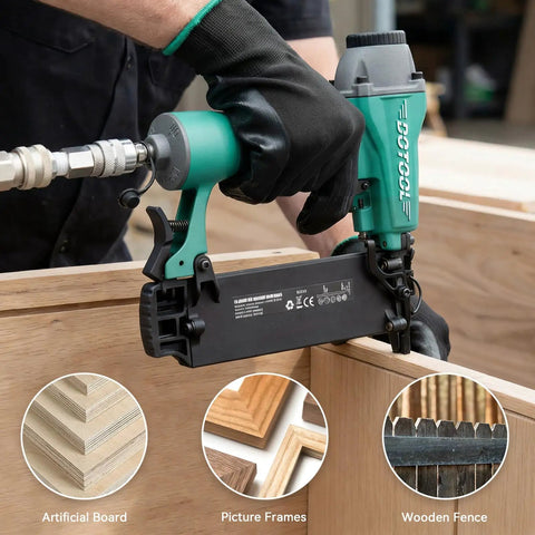 Heavy Duty Pneumatic Brad Nailer 18 Gauge Dead Straight Drive for Fine Trim and Cabinetry in use on wooden board, firing nails.