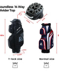 Smooth Glide 14 Way Divider Golf Cart Bag With Full Length Dividers And Kickass Extra Storage Pockets Game Changer Club Guard System In Sleek Black Colorway with soundless divider top in black.