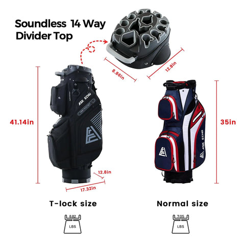 Smooth Glide 14 Way Divider Golf Cart Bag With Full Length Dividers And Kickass Extra Storage Pockets Game Changer Club Guard System In Sleek Black Colorway with soundless divider top in black.