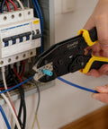 Wire Crimping Tool For Insulated Electrical Wire Connectors AWG 22 To 10 9 Inch Crimping Pliers in use on wiring
