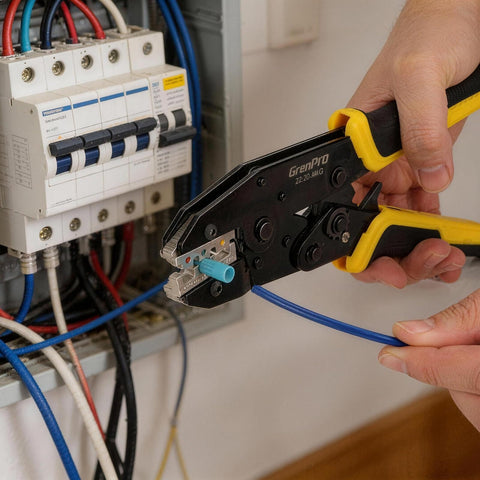 Wire Crimping Tool For Insulated Electrical Wire Connectors AWG 22 To 10 9 Inch Crimping Pliers in use on wiring