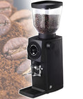 Slick LCD Touchscreen Espresso Grinder With One Kilogram Bean Hopper Plus Precision Eighty Three Millimeter Flat Burr Chamber, showing coffee beans and ground coffee.