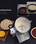 Electric Grain Grinder Mill With Swing Open Chamber For A Fast Grind On Dried Grains Beans Spices Herbs And Cereal In Your Home Kitchen Portable And Easy Close Lid shown with bowls of beans and flour