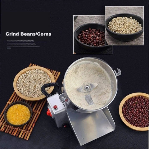 Electric Grain Grinder Mill With Swing Open Chamber For A Fast Grind On Dried Grains Beans Spices Herbs And Cereal In Your Home Kitchen Portable And Easy Close Lid shown with bowls of beans and flour
