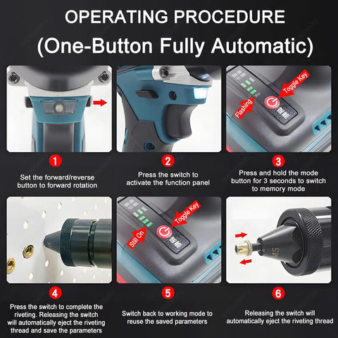 Operating guide for Slick Cordless Rivet Gun with buttons and features highlighted for easy use.