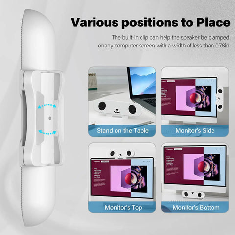 Positions for Clamp-On Desktop Monitor Speakers for PC and Laptop, Loud Stereo Sound From 1.4 Inch Dual Drivers shown on screen.