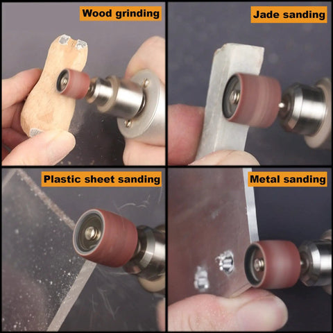 320 Grit Sanding Bands Set With 100 Pieces And Two One Quarter Inch Mandrels For Rotary Tool Drum Sander Kit shown sanding wood, jade, plastic, metal
