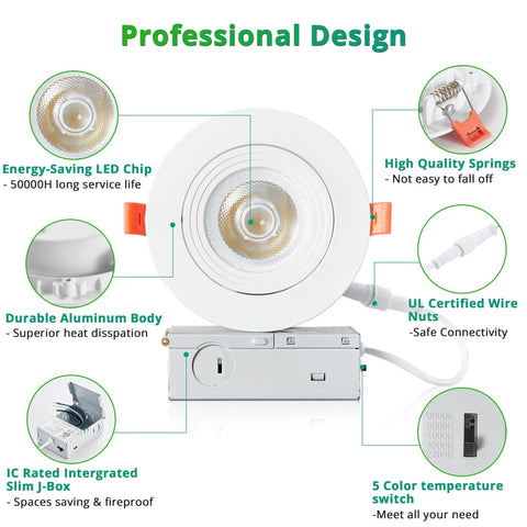 Six Pack Gimbal LED Recessed Lighting Four Inch 5CCT Adjustable 2700K To 6000K, 750 Lumens Can Lights With Jbox Canless Down Light