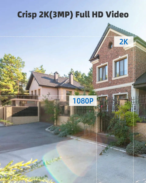 Image of house displaying video quality comparison between 1080P and 2K, showing clarity difference, Outdoor PTZ Security Camera With 360 View