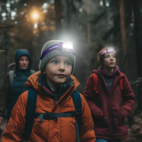 Child with orange jacket wearing headlamp in forest, part of Five Pack Kids Headlamps With Red Light And Memory Function, Five Modes