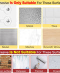 Adhesive suitability guide showing surfaces for Heavy Duty Stainless Steel Hat Organizer And Hat Rack For Wall.
