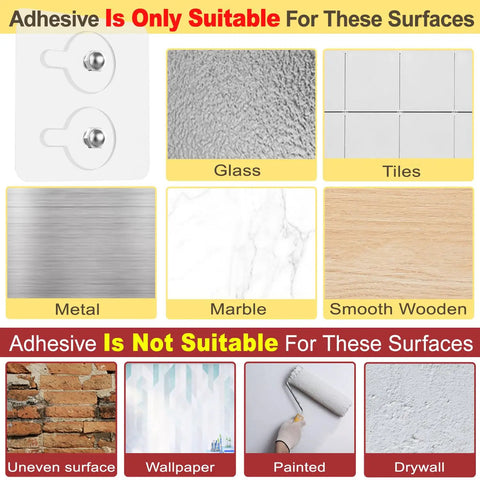 Adhesive suitability guide showing surfaces for Heavy Duty Stainless Steel Hat Organizer And Hat Rack For Wall.