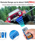 2 Piece Wireless Winch Remote Control Kit 12V in use on a red Jeep, showing remote range and remote detail in hand.