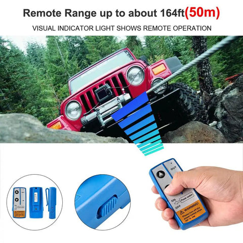 2 Piece Wireless Winch Remote Control Kit 12V in use on a red Jeep, showing remote range and remote detail in hand.