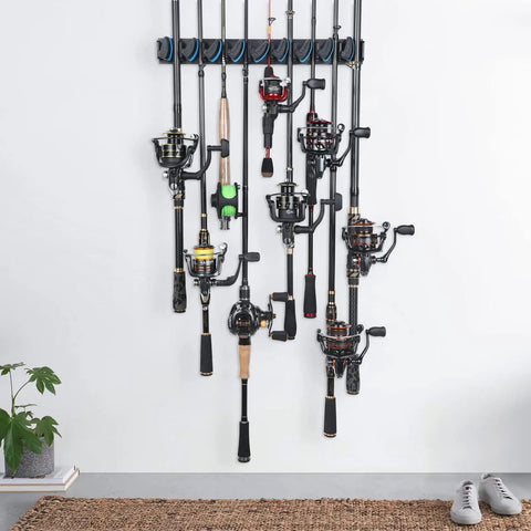 Vertical Wall Mounted Fishing Rod Holder Rack For Up To 9 Rods Or Combos Fits 0.12 To 0.75 Inch Diameters Garage Storage