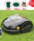 Smart Automatic Robotic Lawn Mower With Self Charging And Rain Avoidance, in black, shown on grass with accessories and smartphone control display.