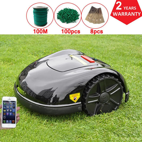 Smart Automatic Robotic Lawn Mower With Self Charging And Rain Avoidance, in black, shown on grass with accessories and smartphone control display.