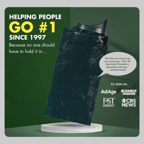 Adventurer Resealable Disposable Urinal Bags For Travel Emergency Camping And Car Trips Leak Proof Hygienic Odorless All Genders And Ages 18 Pack shown with a dark green design on display.