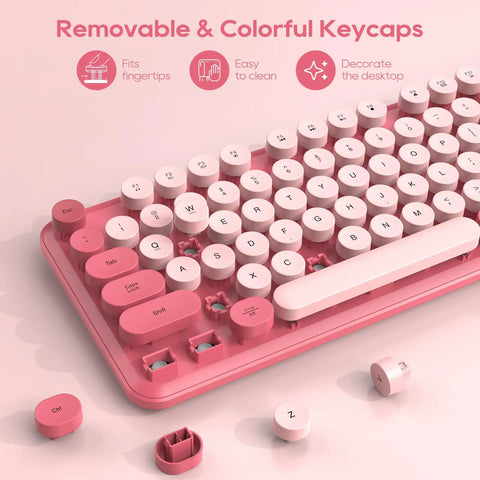 Hot Pink Typewriter Style Wireless Keyboard with round removable keycaps, Retro Candy Color, ergonomic design