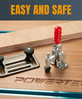 Heavy Duty 200 Lb Vertical Toggle Clamp With Quick Release on wooden surface with antislip rubber tip, ideal for woodworking jigs.