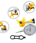 Pro Bike Wheel Truing Stand And Rim Adjustment Tool with yellow components and dial gauge, compact for cycling maintenance.