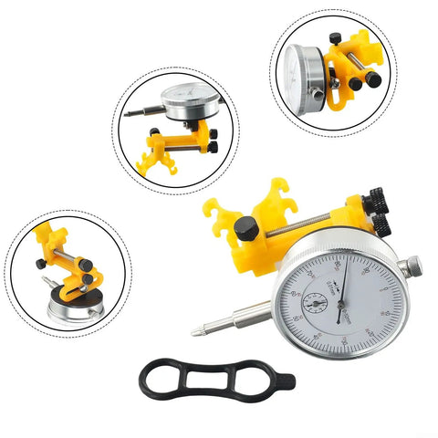 Pro Bike Wheel Truing Stand And Rim Adjustment Tool with yellow components and dial gauge, compact for cycling maintenance.