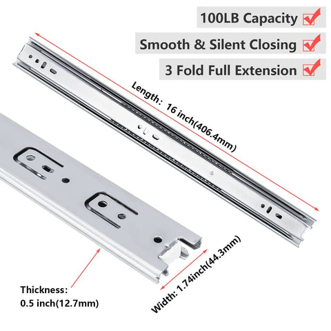 16 Inch Heavy Duty Drawer Slides Side Mount For Cabinets And Dressers, 100 Lb Capacity, 2 Pairs, Anti Rust Cold Rolled Steel