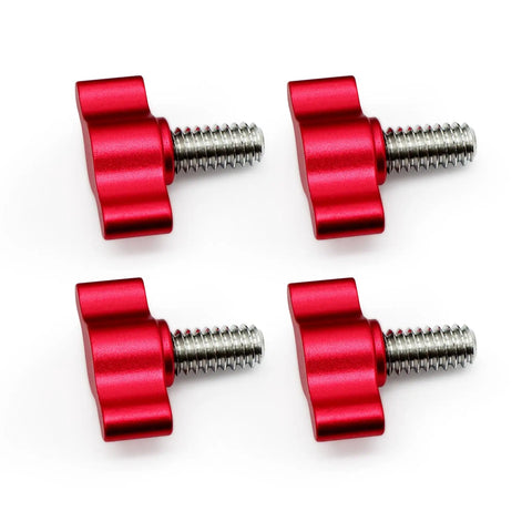 Top Shelf 4 Pack Of 1/4-20 X 3/4 Inch Stainless Steel Thumb Screws Paired With Red Adjustable Tee Wing Aluminum Knobs.