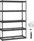 Beefy Industrial Storage Shelving Unit With 5 Tiers And 2500 Lbs Total Capacity, shown with hammer and gloves in black metal frame