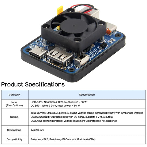 Dual PD Power Supply Module With Cooling Fan 9 To 24V To 5V 5A Step Down Converter Expansion Board for Raspberry Pi 5