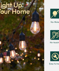 String of shatterproof outdoor S14 LED bulbs illuminating a garden, showcasing no-flicker, no-buzzing, and easy installation features.