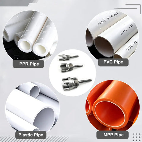 3 In 1 PVC Pipe Threader Kit With Dual Internal And External Threading Drill Powered Easy Cut Tool Set For 1/2 3/4 And 1 Inch Pipes Pipe materials including PVC, PPR, MPP, and tools visible.