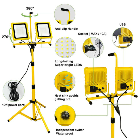 Beastly Bright 25,000 Lumen Dual Head Led Work Light With Stand, showing features like rotation, USB, waterproof design on tripod