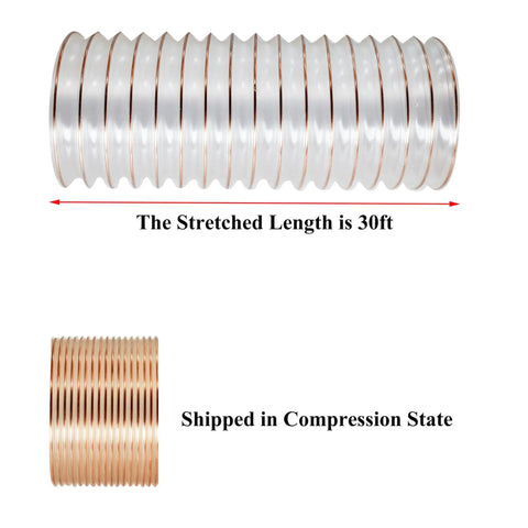 Heavy Duty Clear PU Dust Collection Hose 6 Inch By 30 Feet With Clamps, Flexible Debris Hose compressed and stretched view