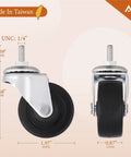 2 Inch Caster Wheels with 1/4 Inch Threaded Stem Swivel Casters and Brakes, Quiet Rolling PVC Wheels, front and side view