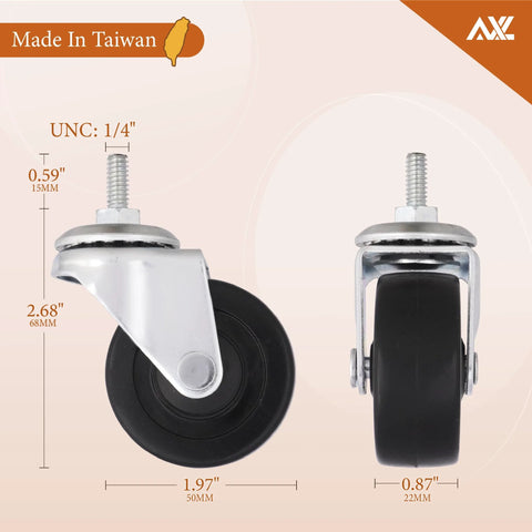 2 Inch Caster Wheels with 1/4 Inch Threaded Stem Swivel Casters and Brakes, Quiet Rolling PVC Wheels, front and side view