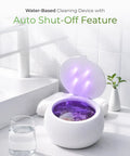 Compact Ultrasonic Cleaner Pod With Uv C Light And Smart One Touch Mode For Rapid Deep Washing, showing purple water and auto shut-off feature.