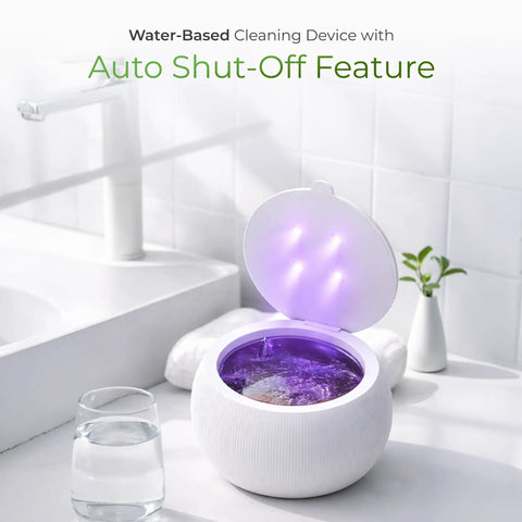 Compact Ultrasonic Cleaner Pod With Uv C Light And Smart One Touch Mode For Rapid Deep Washing, showing purple water and auto shut-off feature.