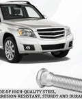 Five Piece Steel Wheel Studs Kit Featuring M12x1.5 Threads And 49mm Length For No Sweat Swap On Your Chevy Toyota Or Lexus, showing steel wheel stud and SUV.