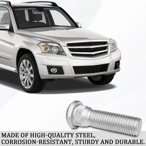 Five Piece Steel Wheel Studs Kit Featuring M12x1.5 Threads And 49mm Length For No Sweat Swap On Your Chevy Toyota Or Lexus, showing steel wheel stud and SUV.