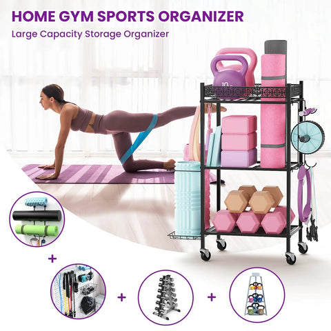 Organize Your Home Gym Like A Legend With This Three Tier Rolling Mat Rack For Yoga Mats Dumbbells And Gear Rolling On Quiet Wheels With Sturdy Hooks To Keep Your Training Space Clutter Free And Always Ready For Legit Workout Days Anyway