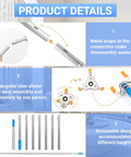 Product details for the extendable smoke detector removal tool showing metal snaps, triangular claw, and segments.