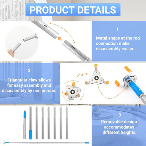 Product details for the extendable smoke detector removal tool showing metal snaps, triangular claw, and segments.