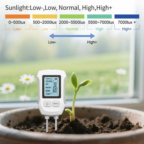 No Fuss All In One 5 In 1 Soil Tester With Dual Probe Digital 2026 Soil Meter placed in potted soil near green sprout