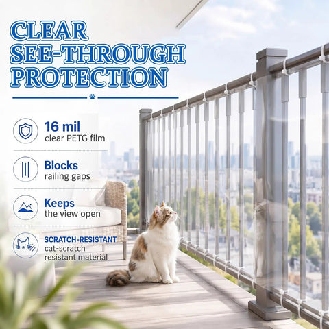Gotta Keep Your Little Ones Safe With This Hella Clear Banister Guard And Pet Barrier For Balconies Stairs And Windows 16 Mil Thick Transparent Mesh Blocks Gaps While Preserving Open Views Includes Zip Ties And Easy Install on balcony with a cat