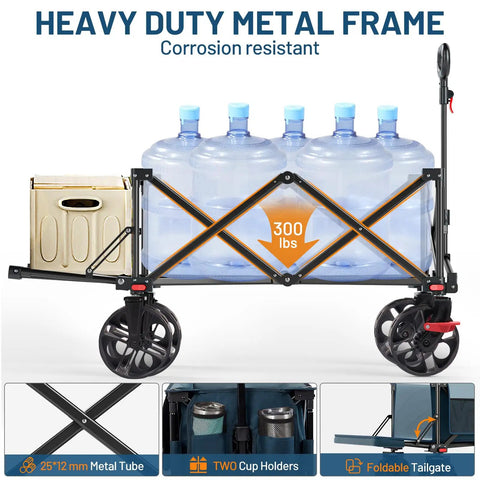 Heavy Duty Collapsible Wagon With Tailgate And Brakes All Terrain Big Wheel Cart 250L Foldable Utility Cart For Beach Camping Sand Sports Shopping 300 Lb Capacity Blue loaded with water bottles