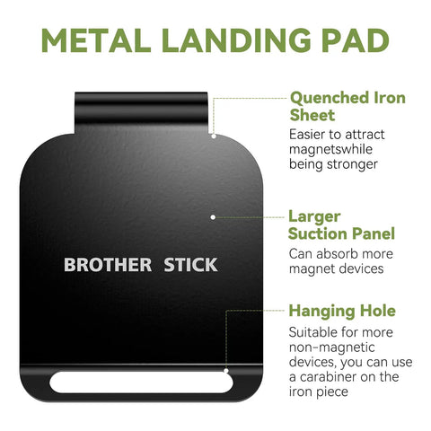Magnetic Metal Landing Pads For Golf Bags with features including quenched iron sheet, large suction panel, and hanging hole displayed.