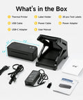 Bluetooth Thermal Label Printer With Stand Go-To Wireless 4x6 Shipping Label Printer For Small Biz Easy Setup Works With iPhone Android Windows Mac Great For USPS Amazon Etsy Shopify Sleek Black showing contents in box
